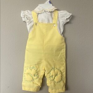 Vintage Thomas Yellow Kids Overalls and Ruffle Blouse with Embroidered Details
